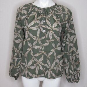 Ann Taylor LOFT Green Ribbon Bubble Sleeve Henley Blouse Women's S Smal